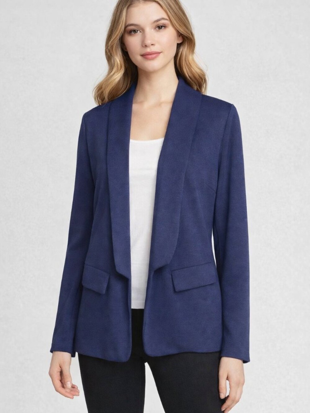 POGTMM Navy Blue Lightweight Open Front Blazer with Faux Flap Pockets M